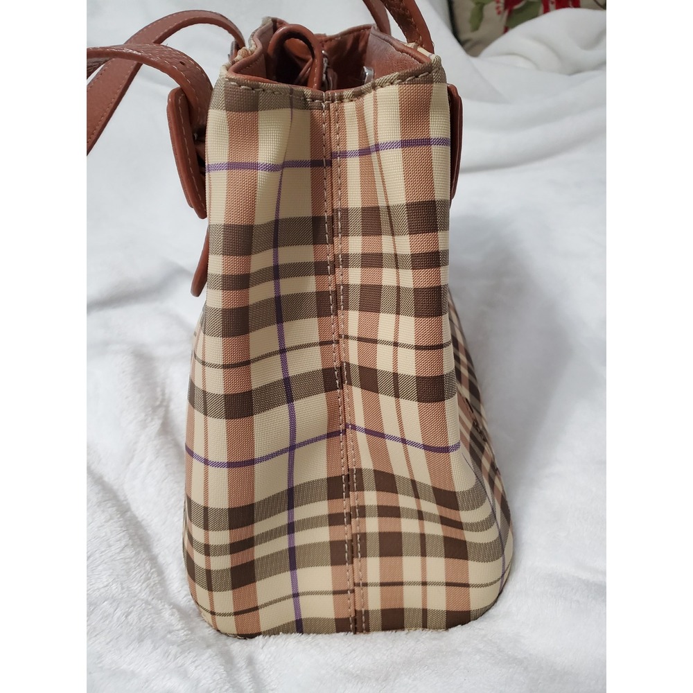 Liz Claiborne Plaid Shoulder Bag Brown Tan Purple Buckle Strap Handbag - Picture 3 of 13